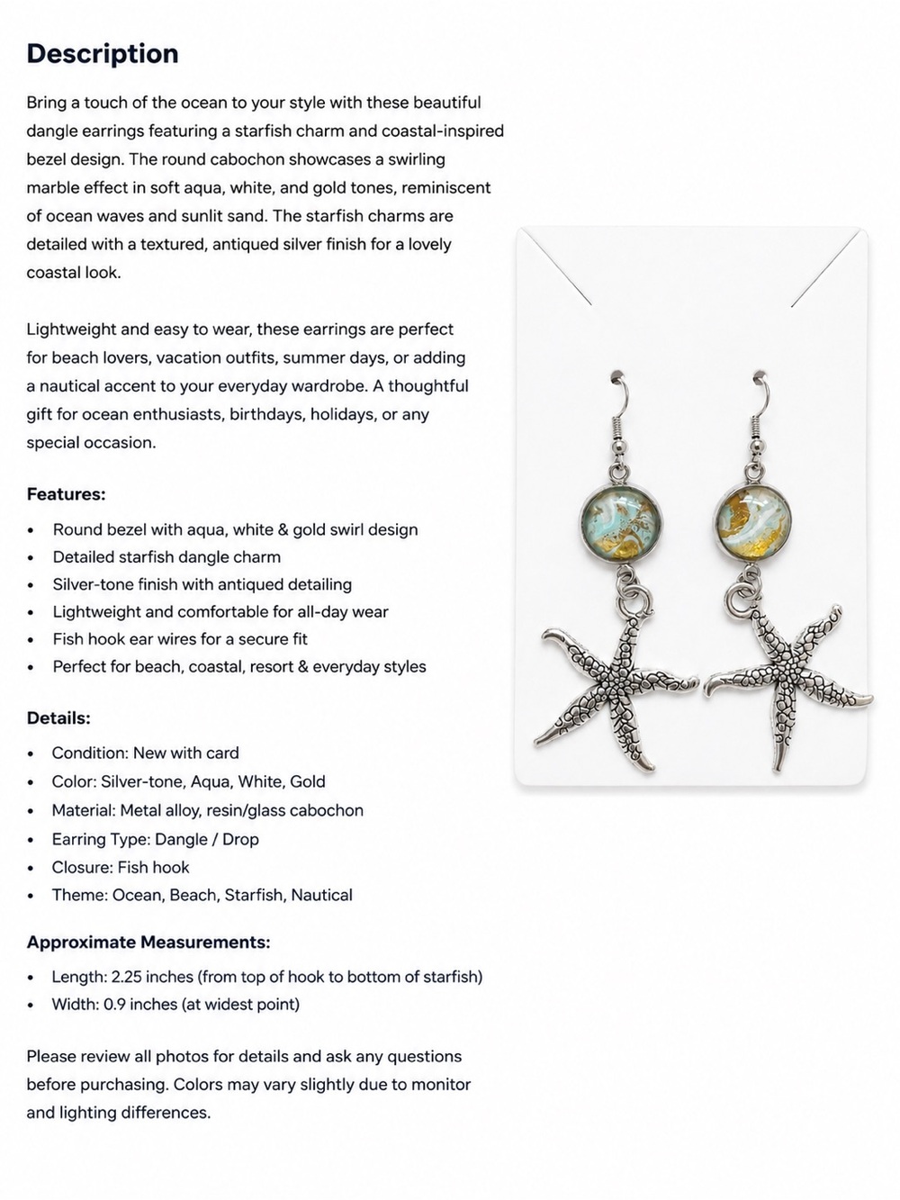 Coastal Starfish Dangle Earrings Aqua Gold Resin Beach Ocean Nautical Jewelry - Picture 2 of 5